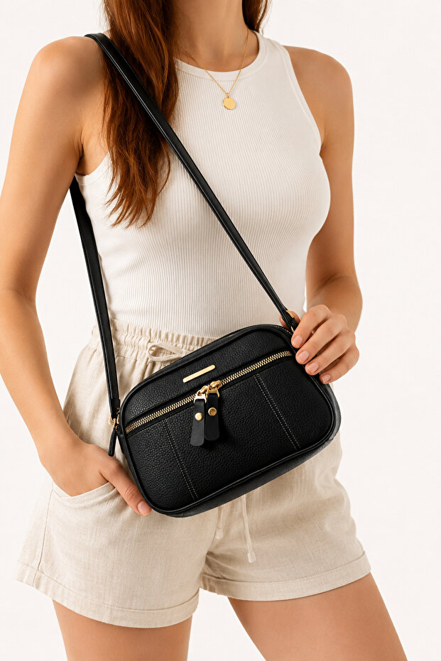 Women's Zippered 4-Compartment Lined Shoulder and Crossbody Bag - Black