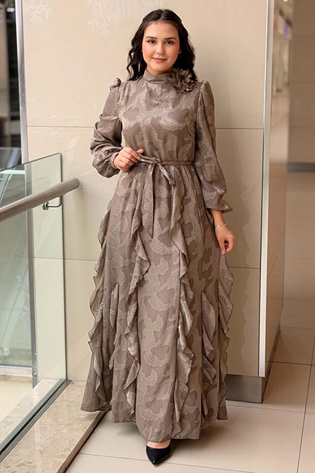 Self-Patterned Ruffled Evening Dress