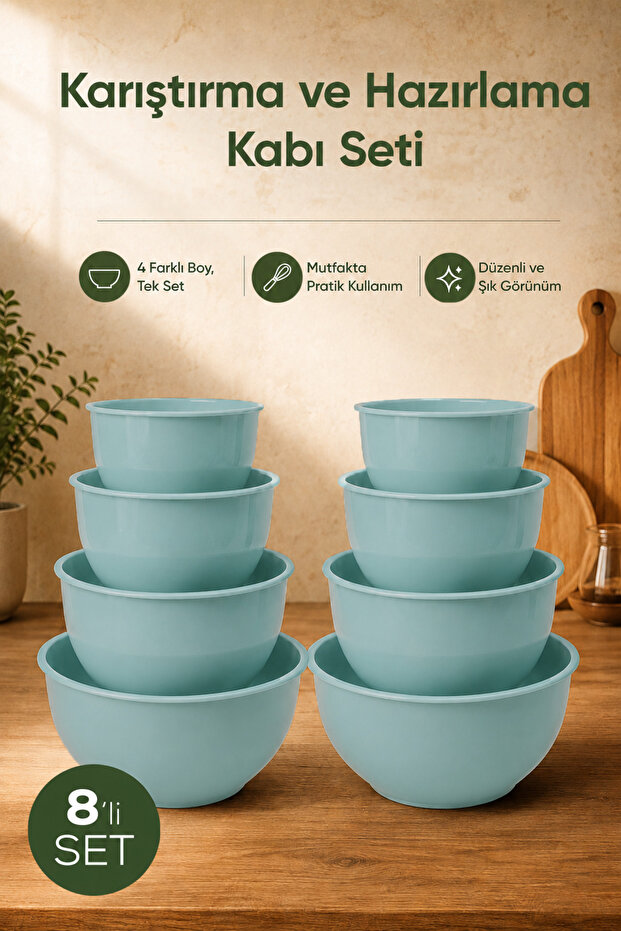 8-Piece Mixing and Preparation Bowl Set Mint - 1L 1.5L 2.3L 3.3L