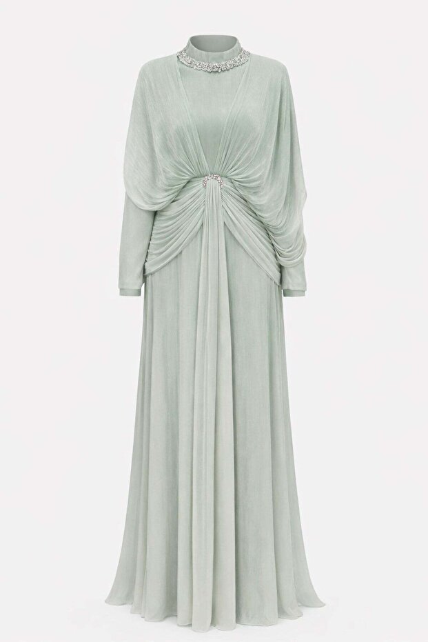 Stone and Flywheel Detailed Yoryo Silk Hijab Evening Dress Light Green 1254