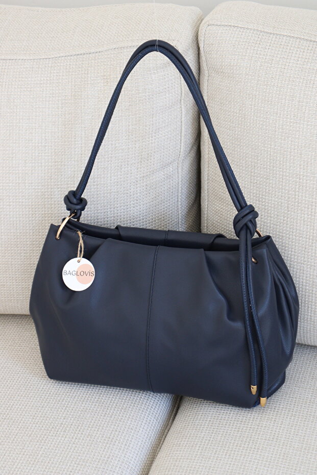 MEDIUM SIZE NAVY BLUE WOMEN'S SHOULDER BAG WITH STRAP KNOT DETAIL WIDTH 35 CM HEIGHT 20 CM