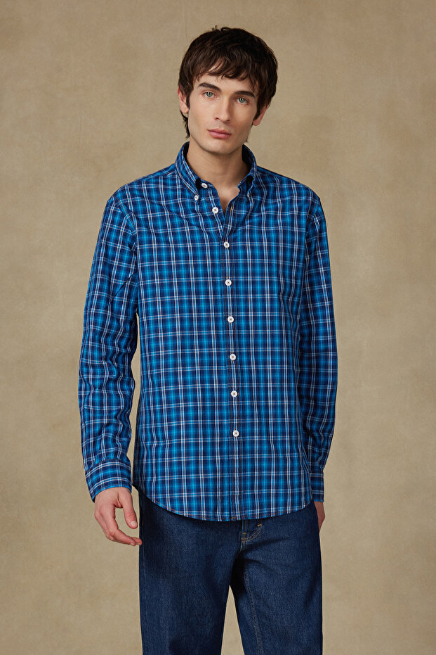 Natte Denim Cotton Lu Comfort Fit Navy Blue Buttoned Collar Men's Plaid Pack Shirt