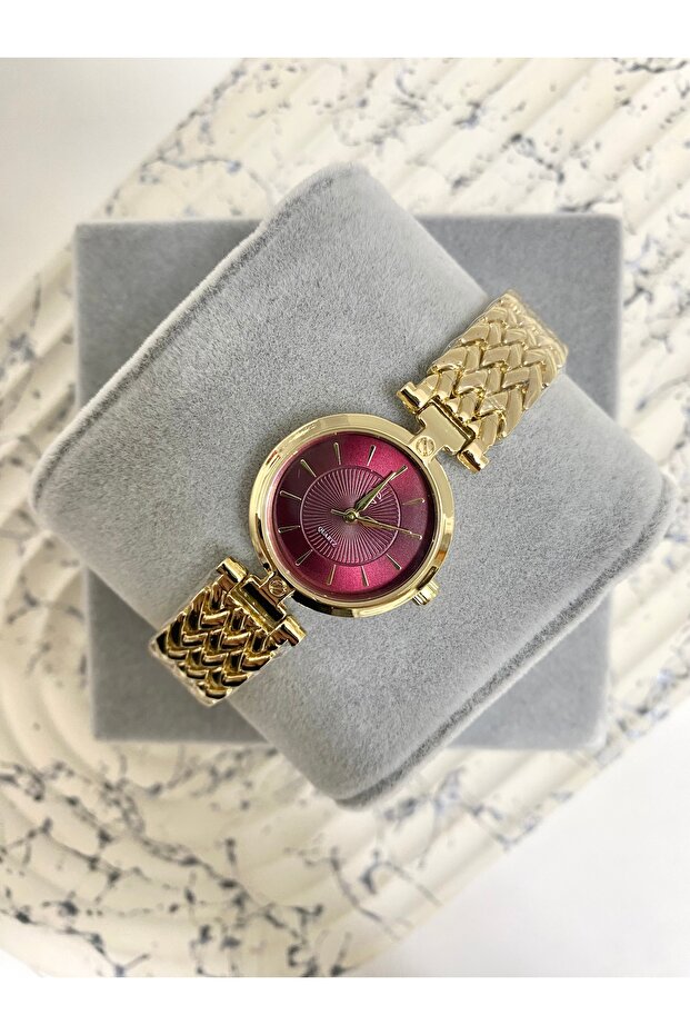 Tipra Round Gold Claret Red Dial Women's Wristwatch