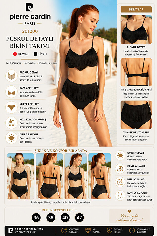 Women's Tassel Detailed High Waist Bikini Set201200 Black