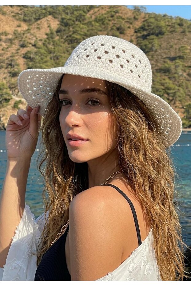 Hand Knitted Women's Straw Beach Hat Wide Brim Summer