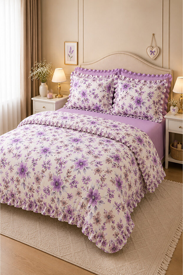 Double Floral Ruffled Bedding Set with Elastic Sheets