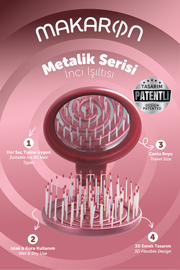 Beauty Makaron Metallic Hair Brush - 3D Flexible, Mirrored, Purse Size - Compact Detangler