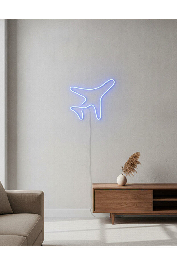 Uçak Figürlü LED Neon Duvar Tablosu | Mavi Aydınlatmalı Modern Dekor | Çocuk Genç Odası - 3