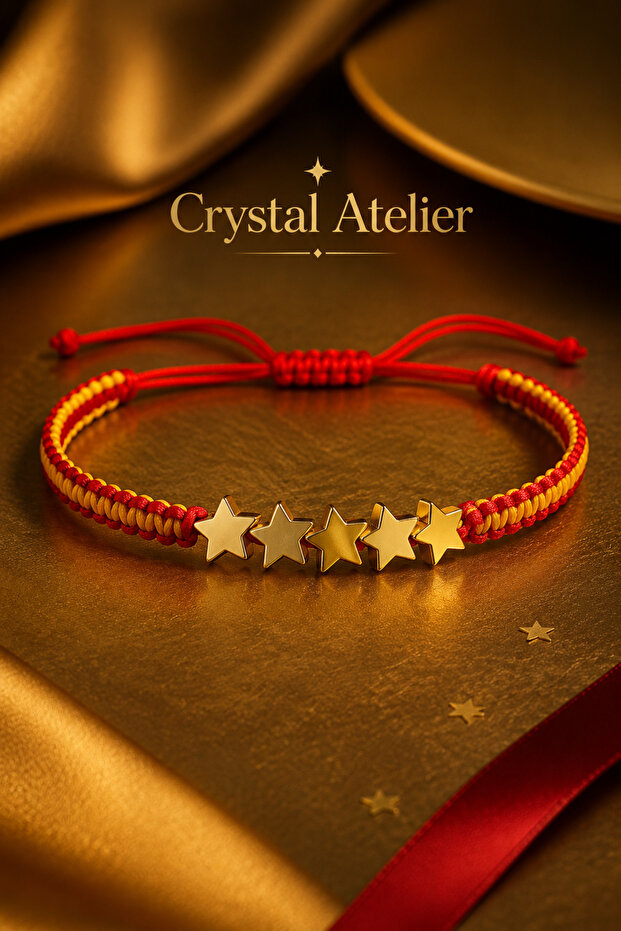 Yellow Red 5 Star Fan Bracelet Adjustable Cord Handmade Macrame Hematite