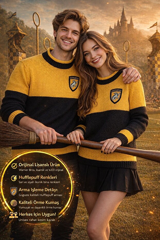 Harry Potter Hufflepuff Quidditch Sweater Licensed Yellow Black Knitted Sweatshirt Unisex - Size m