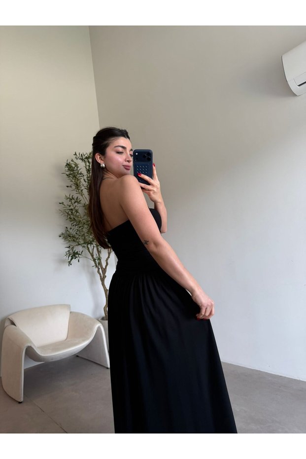 Black draped strapless dress