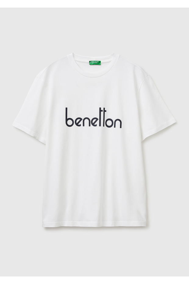 Men's White 100% Cotton Logo Printed Regular Fit Crew Neck T-Shirt