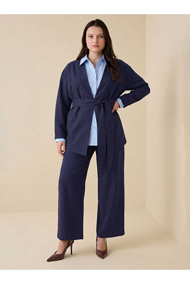 Kimono&Pants Linen Plus Size Set with Belt Detail - Navy Blue -