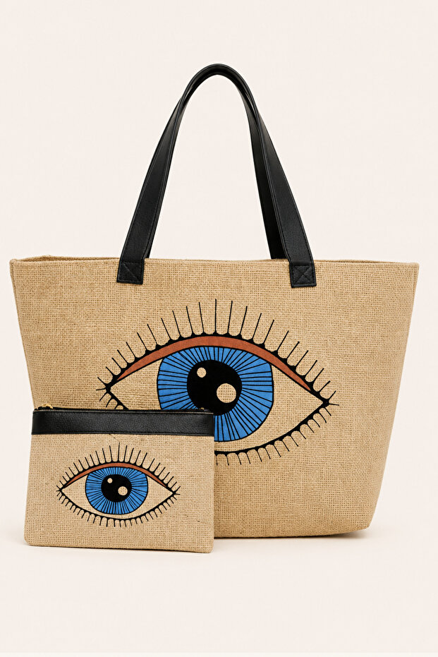 Evil Eye Bead Printed Leather Handle Straw Fabric Printed Beach Bag and Makeup Bag Set of Two