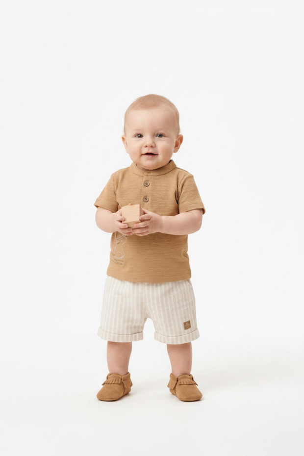 Baby Boy Summer 2-Piece Set Buttoned Cotton T-Shirt and Striped Relaxed Fit Shorts Set 3-18 Months