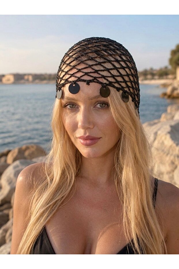Women's Handmade Mesh Knitted Beaded/Sequined Bandana Beanie Hat