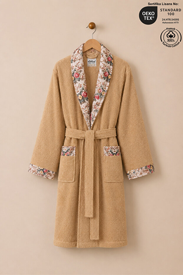 Fiore Women's Bathrobe 100% Certified Cotton, 1 Piece, Floral Patterned Shawl Collar Bathrobe / Dressing Gown - Beige