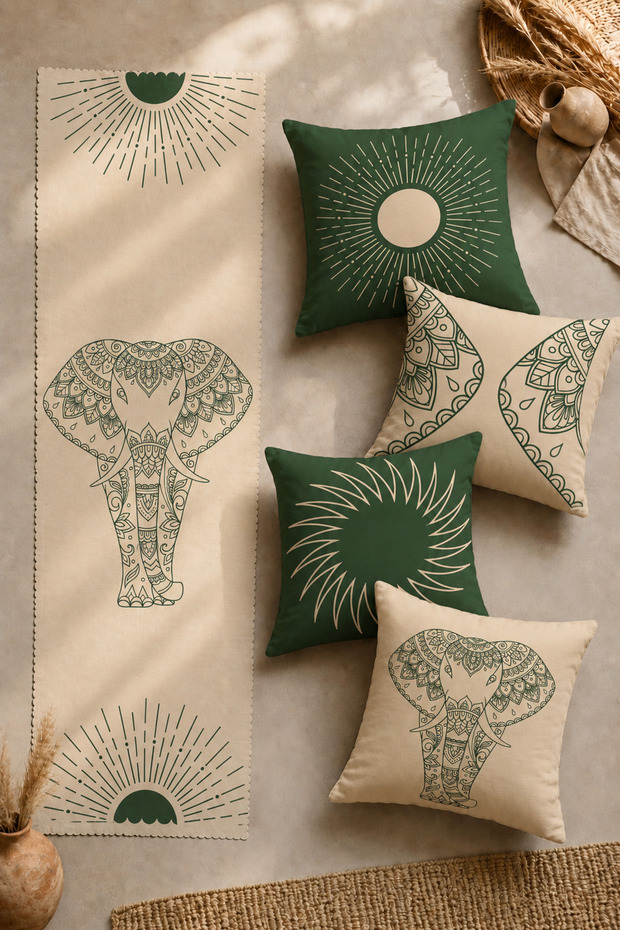 Green Beige Digital Printed 4-Piece Pillowcase, Throw Pillow Cover and American Service Runner Set