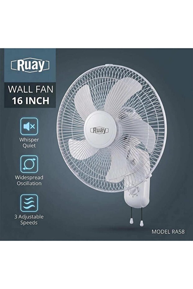 مروحة حائط Ruay RA58 مقاس 16 بوصة بـ5 شفرات و3 سرعات هادئة
