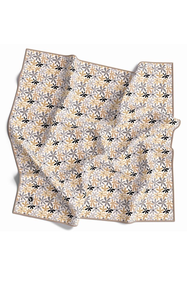 Twill colorful floral patterned beige colored 90x90 scarf (does not contain silk) edge stitching style hand stitched
