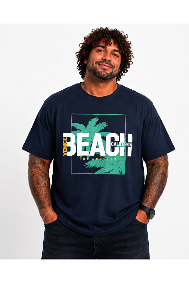 Men's Large Size Crew Neck T-Shirt Beach 26141 Navy Blue