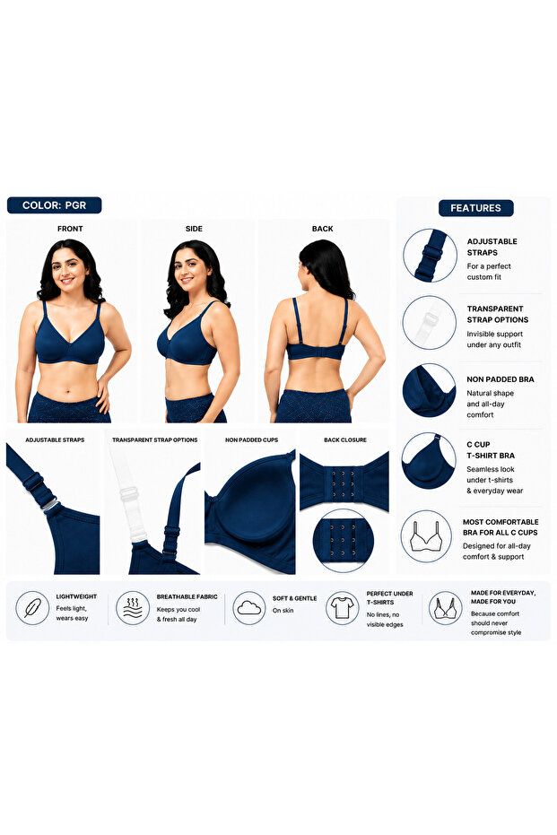 Women's Bra C Cup Soft PolyCotton Non-Padded Anti-Sag Seamless Double Layered Molded Cups Lift-up Wire-free Plus Size