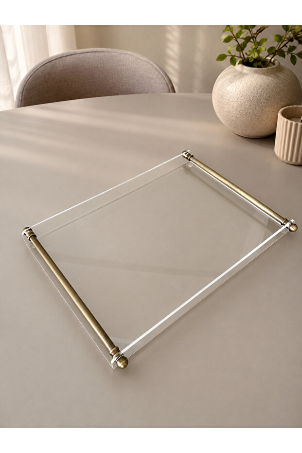 Boru Handle Plexiglass Tray for 4-6 People/Coffee-Tea Presentation Tray (Antique Gold)