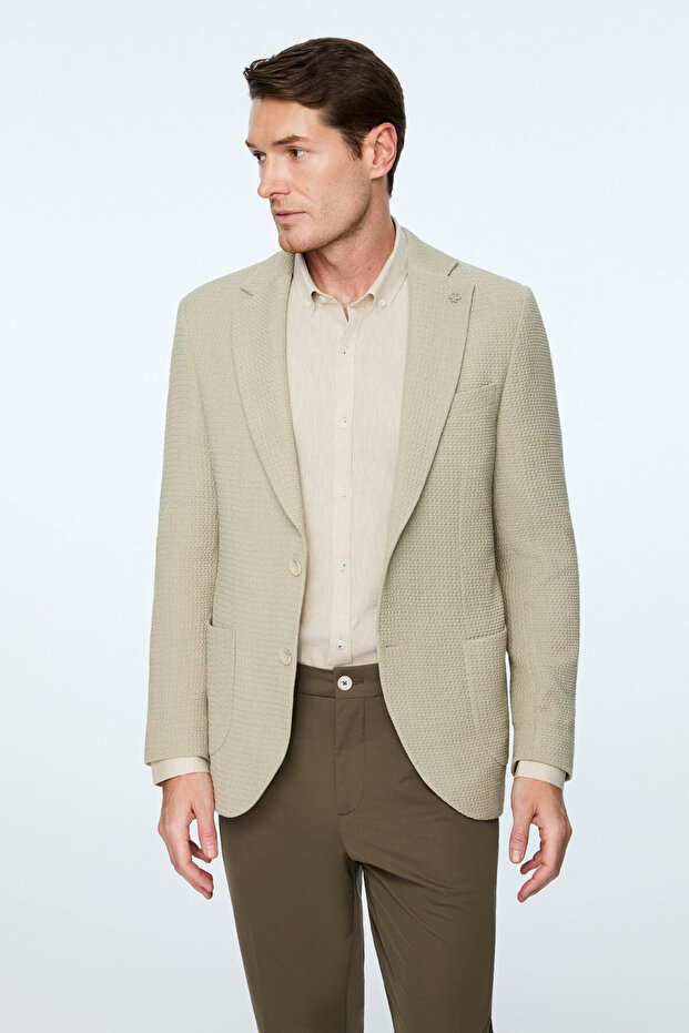 Men's Beige Polyviscon Trend Patterned Slim Fit Jacket - 3