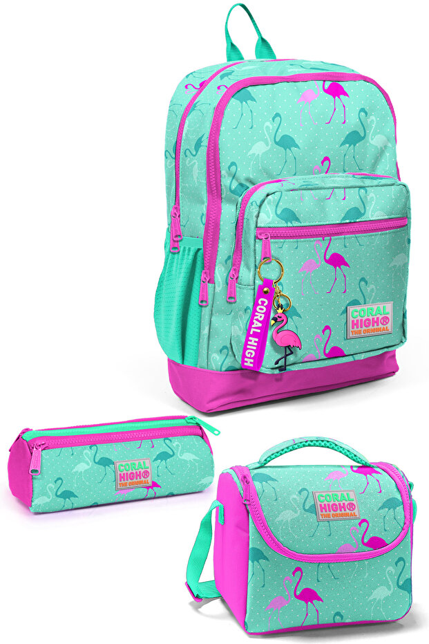Kids Water Green Neon Pink Flamingo Patterned 3-Piece School Bag Set SET0123111