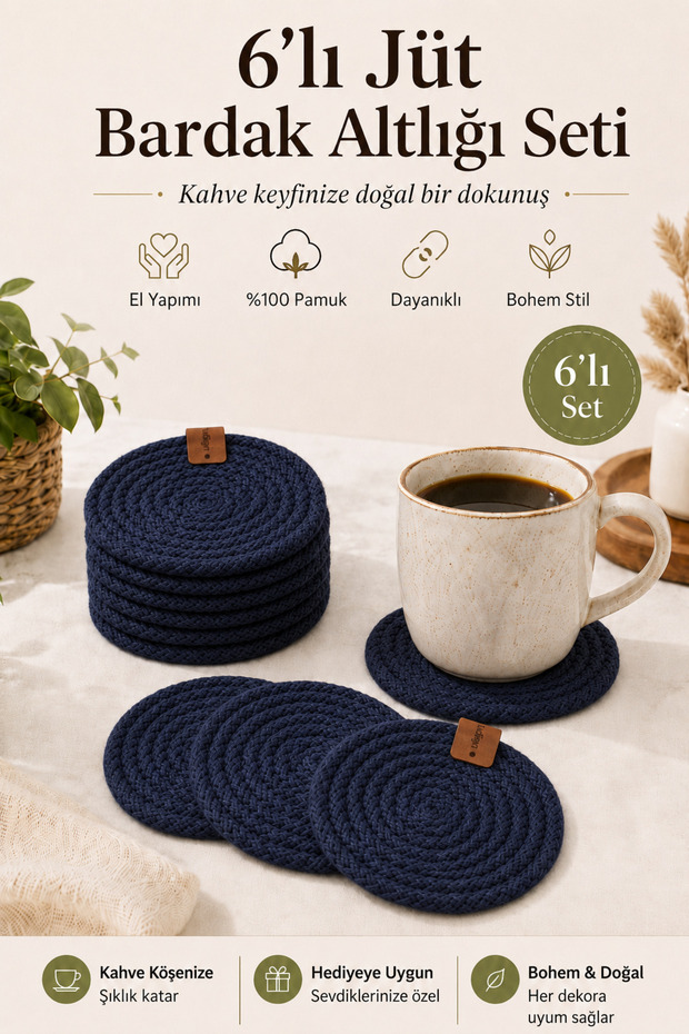 Set of 6 Handmade Cotton Coasters Navy Blue Bohemian Coffee Corner Decor