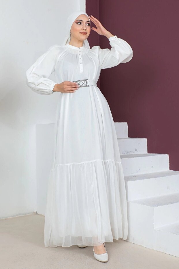 Comfortable Form Belted Hijab Evening Dress 746-White