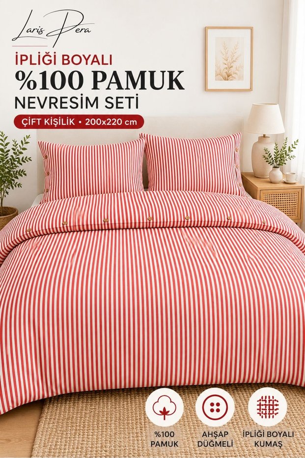 Cotton Double Yarn Dyed Striped Buttoned Duvet Cover Set 200X220 cm +2 Buttoned Pillowcases King Size Red