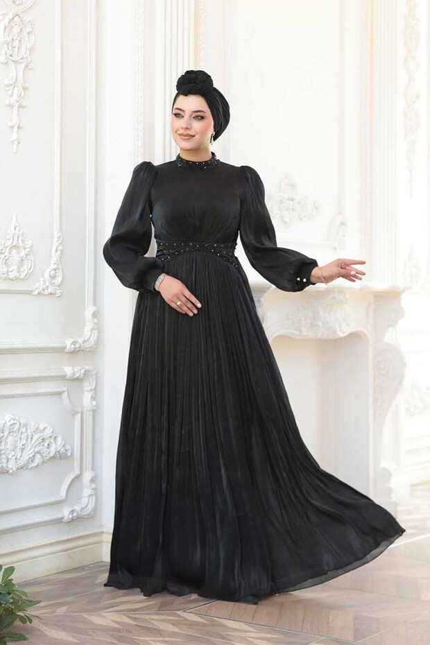 Black Hijab Evening Dress with Bead Detail 52751S