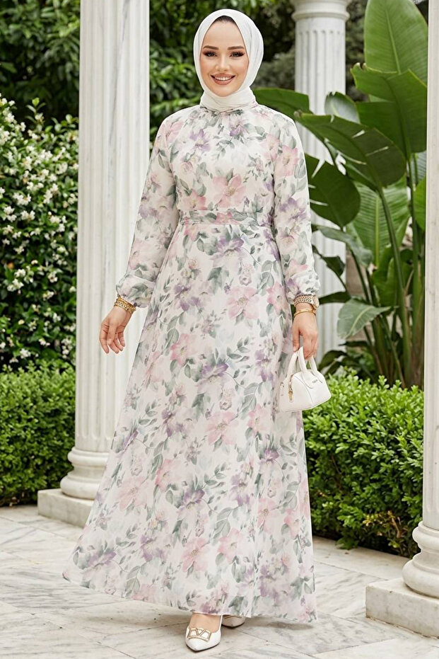 Floral Patterned White Hijab Dress 27980B