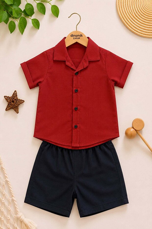 Boy's Thin Summer Short Sleeve Shirt with Satin Shorts 2-Piece Set Holiday Set/Full Fit
