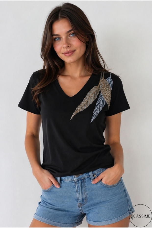 Women's Black V-Neck Leaf Patterned Sequin Embroidered 100% P Cotton T-Shirt