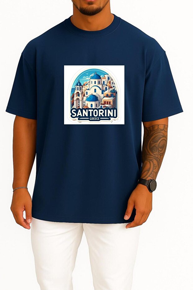 Oversized Greece Santorini Island Chest Printed Unisex T-Shirt