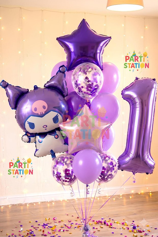 Hello Kitty Kuromi 1 Year Old Purple Balloon Set - Anime Patterned Birthday Balloon
