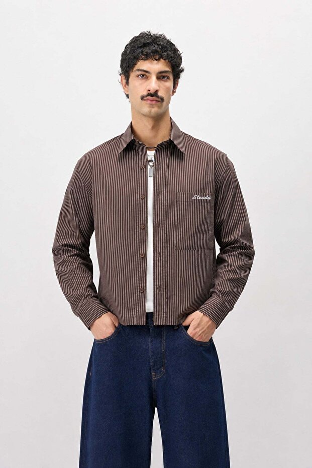Long Sleeve Pocketed Boxyfit Shirt Brown