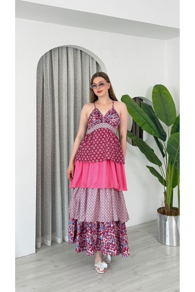Women's Thin Cross Strap Layered Multi-Colored Patterned Floral Long Burgundy Dress