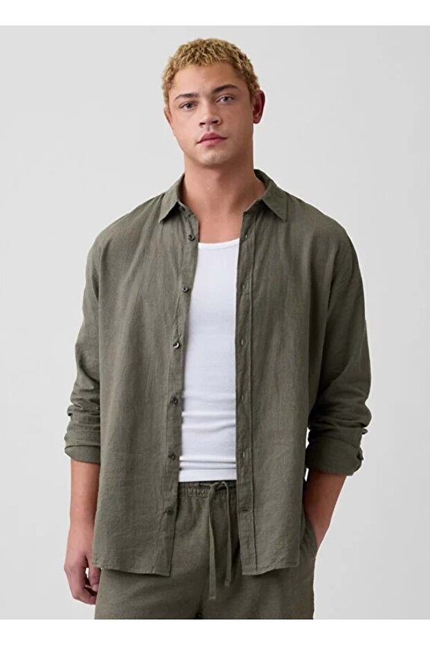 Linen Blend Standard Fit Shirt 887952 Men's Shirt Khaki