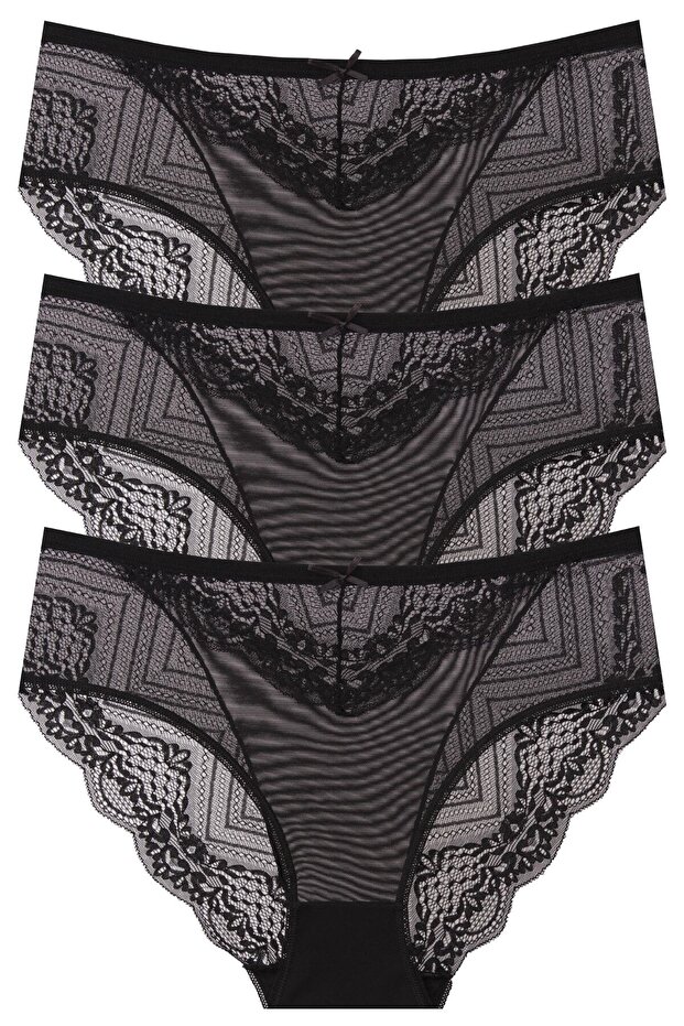 3'' Front Tulle and Lace Mixed Back Leg Lace Detailed Panties