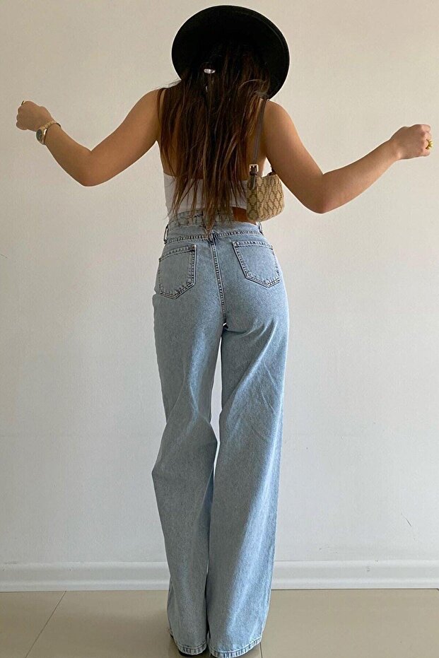 Diamond 90s Light Snow Wash Blue Lycra Super High Waist Loose Jeans Palazzo Trousers
