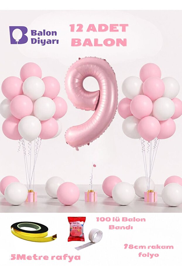 9 Year Old Pink Birthday Balloon Set 78cm Balloon Includes Balloon Tape Raffia
