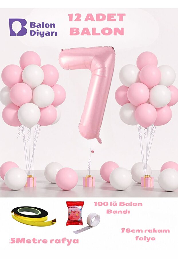 7 Year Old Pink Birthday Balloon Set 78cm Balloon Including Balloon Tape Raffia