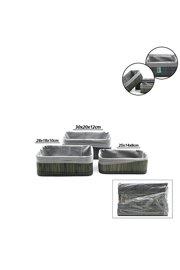 Gray 3 Size Rectangular Bamboo Edge Organizer Basket with Wooden Base - with Cloth 25X14-28X18-20X30Cm (5263)