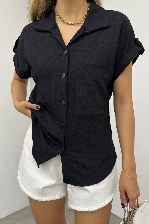 Double Sleeve Single Pocket Wrapped Shirt - Black