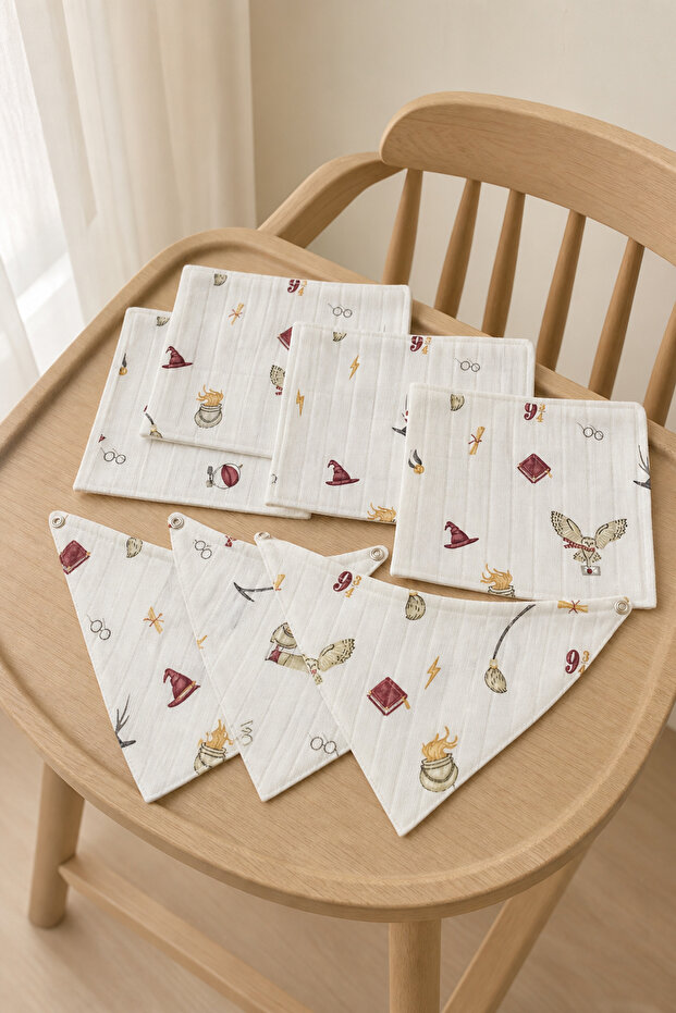 7-Pack 100% Cotton 2-Layer Checkered Muslin Baby Drool Bib Wipes 4 Wipes 3 Bibs