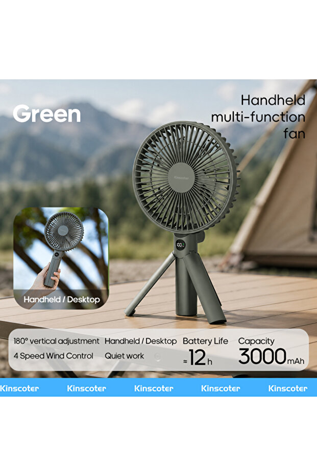 Green Portable Foldable Tripod Handheld Fan 3000mAh Rechargeable Fan 4 Wind Speeds Adjustable Person