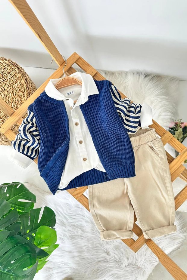 My Little One's Knitted Cardigan Baby Boy 3-Piece Cotton Set - Navy Blue